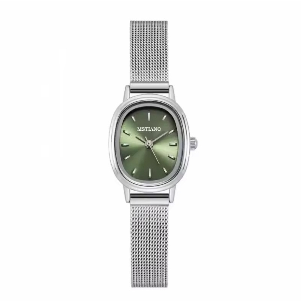 Women's Oval Mesh Watch with Green Dial & Minimalist Design